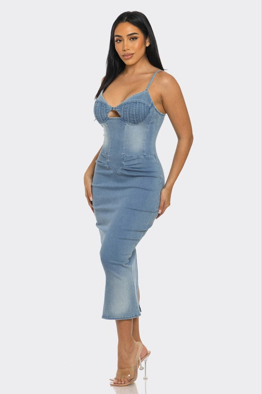 Main Attraction Light Washed Denim Midi Dress