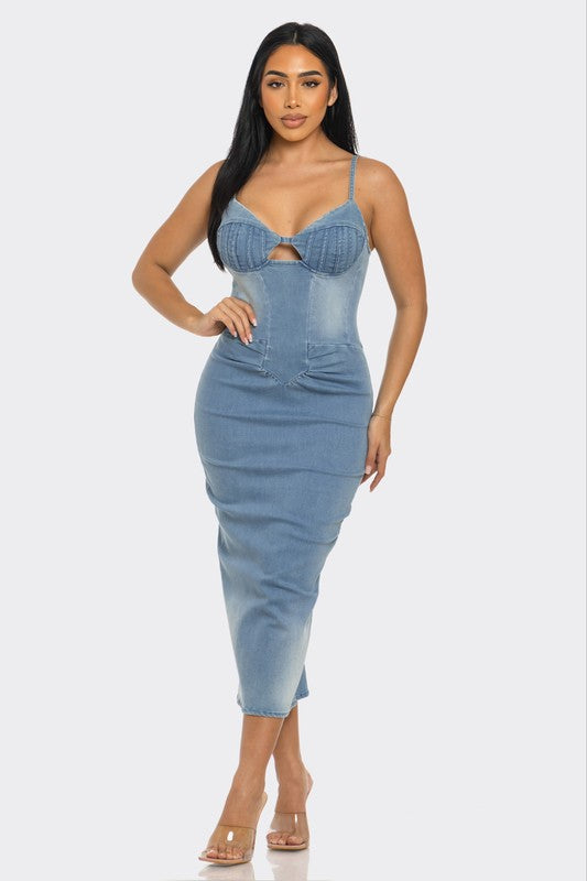 Main Attraction Light Washed Denim Midi Dress