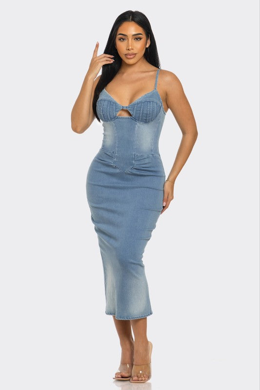 Main Attraction Light Washed Denim Midi Dress