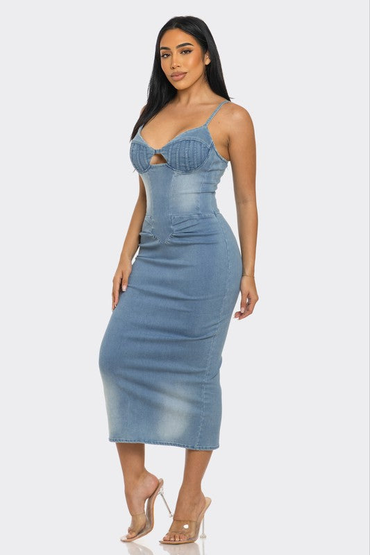 Main Attraction Light Washed Denim Midi Dress